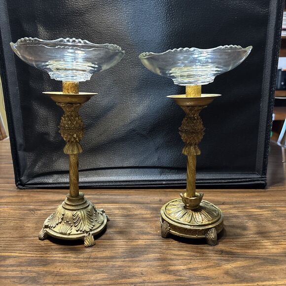 Pair Of Vintage MCM Gold Tone Resin Glass Pineapple Candle Holders/ Compote - Picture 7 of 10